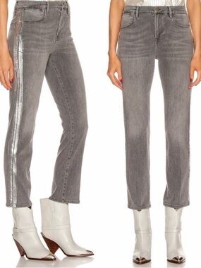 Frame Denim Le High Straight Metallic Silver Foil Tux Jeans Grey Denim Size 25